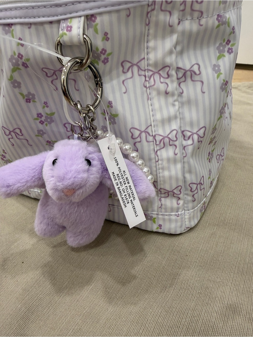 RARE & hard find Madden Girl Purple Bow Striped/Ditsy Dome Backpack with/ Charms - Picture 5 of 10